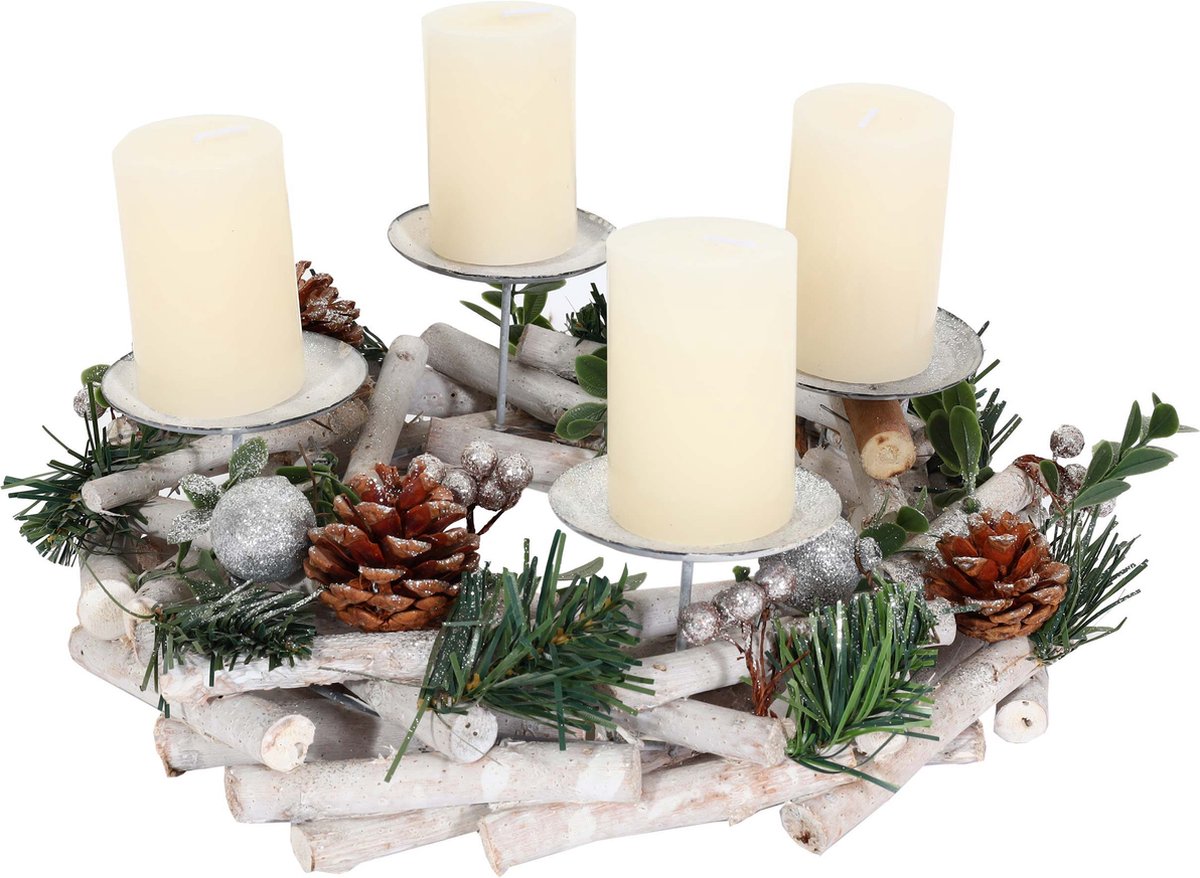 Adventskrans MCW-M12, adventsarrangement tafelkrans kerstdecoratie tafeldecoratie hout zilver wit Ø 30cm ~ met kaarsen
