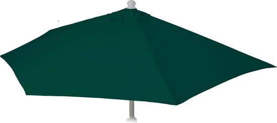 Donkergroene vierkante parasol met witte paal en knop.