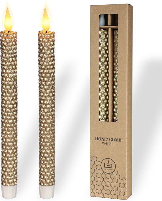 Comforder 2 LED kaarsen Honingraat met Flikkerende Vlam - Lange Elektrische Dinerkaarsen op Batterijen met Timer - 25cm Goud