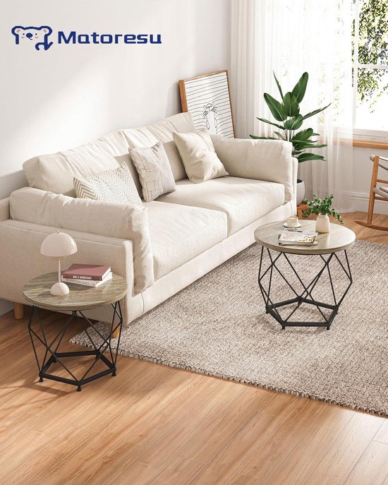 HOMCOM Salontafel Set van 2, Industriële Nesttafel met Stalen Frame en 8 cm dik tafelblad, Sofa Side End Tafel voor Woonkamer, Rustiek Bruin