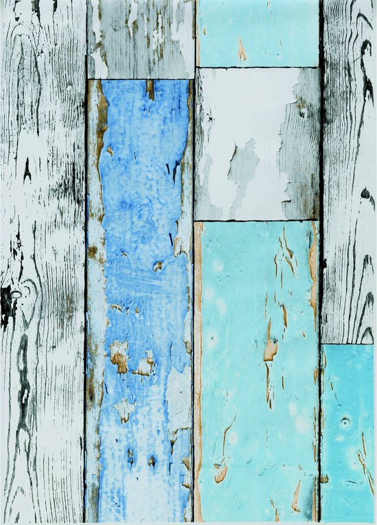 Zelfklevende folie met een verweerde houten plankenlook in blauw-, grijs- en wittinten.
