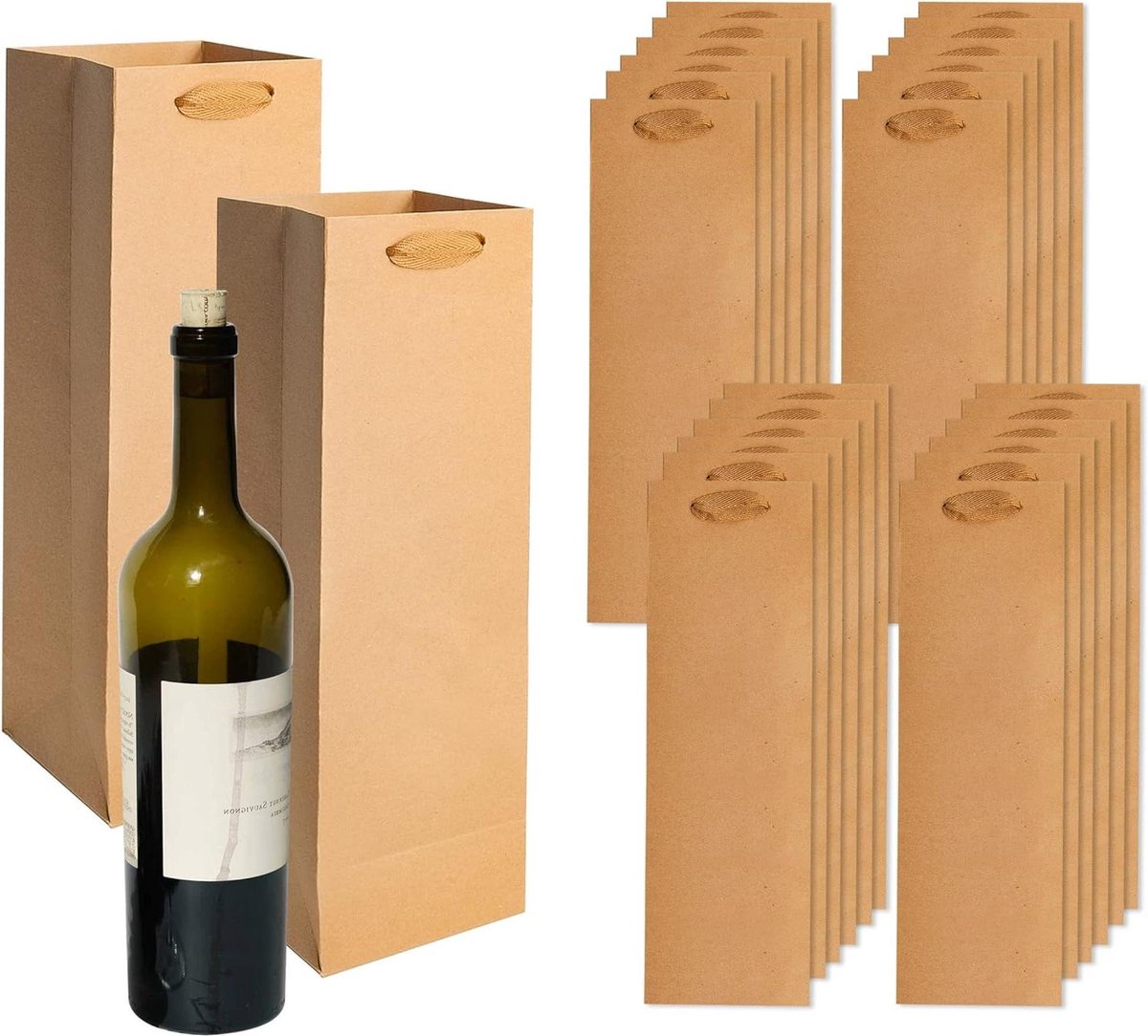 24 STKS fles wijntas met handgrepen - Premium papieren geschenkzak - geassorteerd ontwerp - enkele wijn draagtas - housewarming verjaardag - jubileum bruiloft diner party - bruin - Tas Organisator