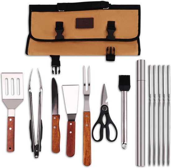 7-delig Grillbestek Set – Roestvrij Staal Met Houten Handvatten, Inclusief Opbergtas, Tang, Spatel, Vork, Kwast En Borstel – Ideaal Voor Kamperen Of Tuin