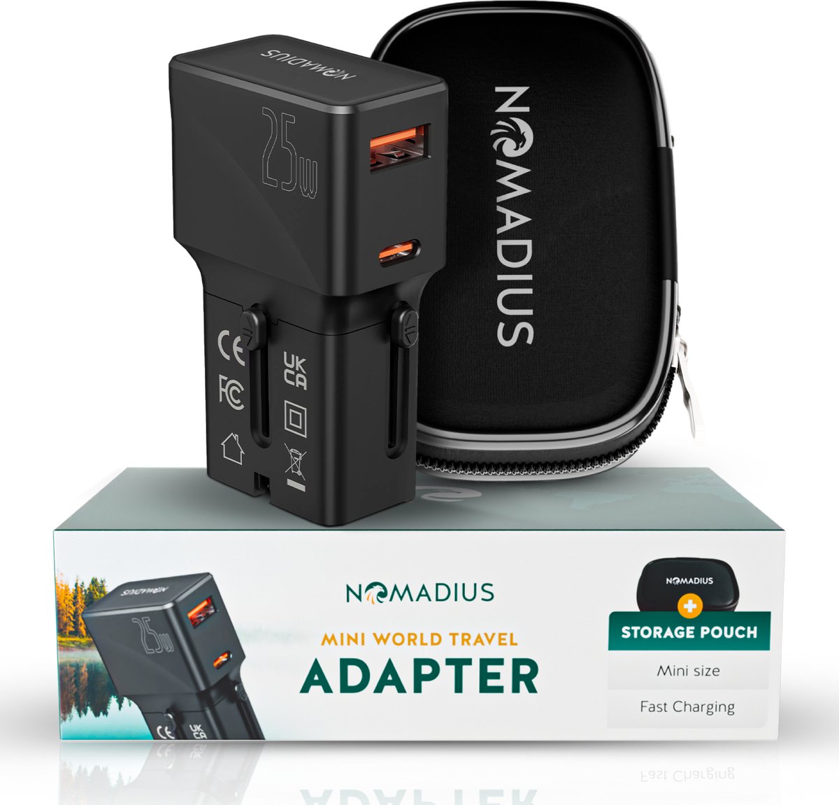 Nomadius Mini Wereldstekker - Fast Charging – Universele Reisstekker - 1 USB-C en 1 USB - 200+ Landen - Universeel - Amerika (USA) - Engeland (UK) - Australië - Azië - Zuid Amerika - Europa - Italië - Afrika - Wereldstekkers - Zwart op Prijzenvolger.com