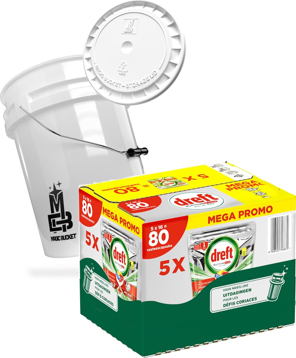 Goedkoopste Dreft 80 x Platinum Plus vaarwascapsules allin one. Nu met robuste wasemmer 19 ltr twv € 22,50 , veilig voor de kinderen en handig in gebruik.