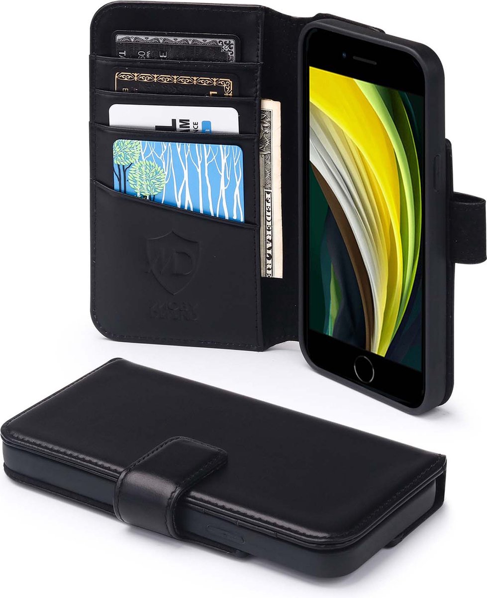 MobyDefend Hoesje - Geschikt voor iPhone SE (2020/2022) / iPhone 7 / iPhone 8 - Luxe Leren Wallet Bookcase - Zwart