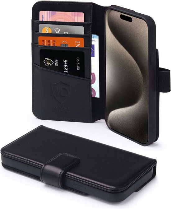 Étui portefeuille noir avec porte-cartes, poche pour billets et boucle.