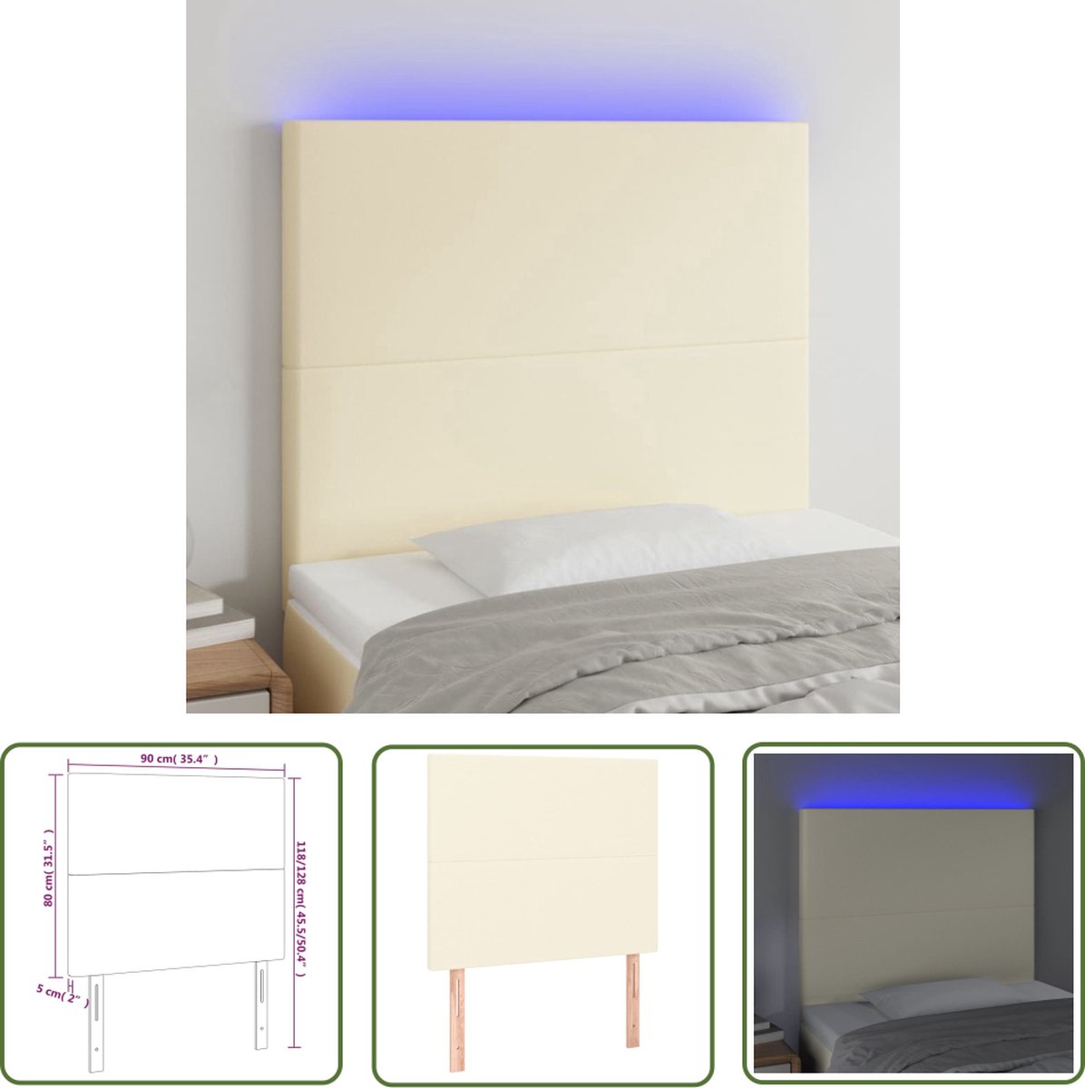 The Living Store Hoofdeind LED - Crème - 90 x 5 x 118/128 cm - Duurzaam kunstleer - Kleurrijke LED-verlichting