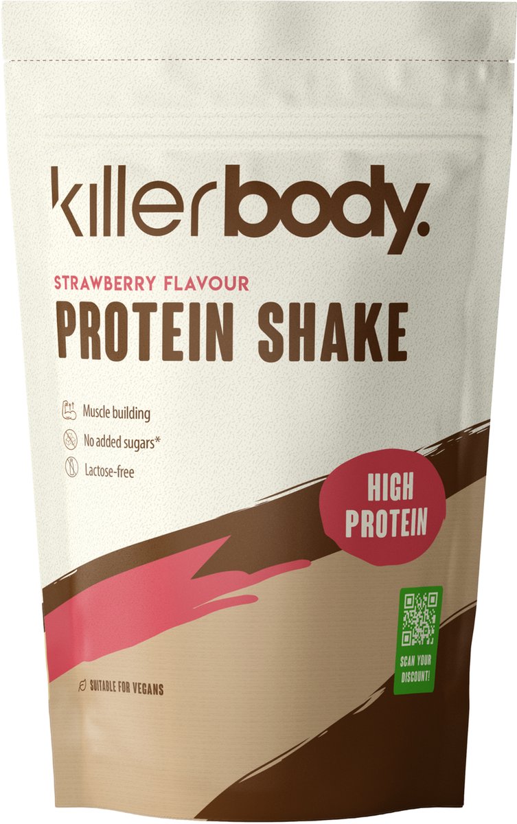 Killerbody Vegan Protein Shake – Strawberry – 1000 g – Eiwitrijk & Lactosevrij – Plantaardige Eiwitshake