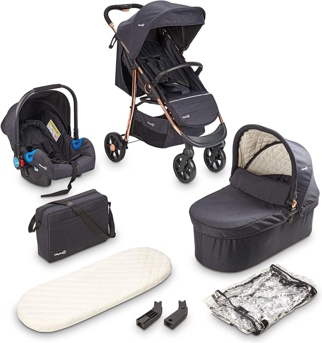 Image of 3-in-1 Kinderwagen - Sportopzetstuk en Kuip Apart - Autobabyschaal - Luiertas Regenbescherming Matras - Zwart Roségoud Kinderwagen