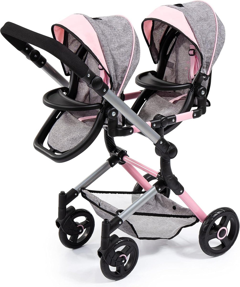 Twin Neo Tweeling poppenwagen verstelbare- zwenkbaar duwstang met tas roze grijs - Voor poppenmoeders Duo kinderwagen — afbeelding 5