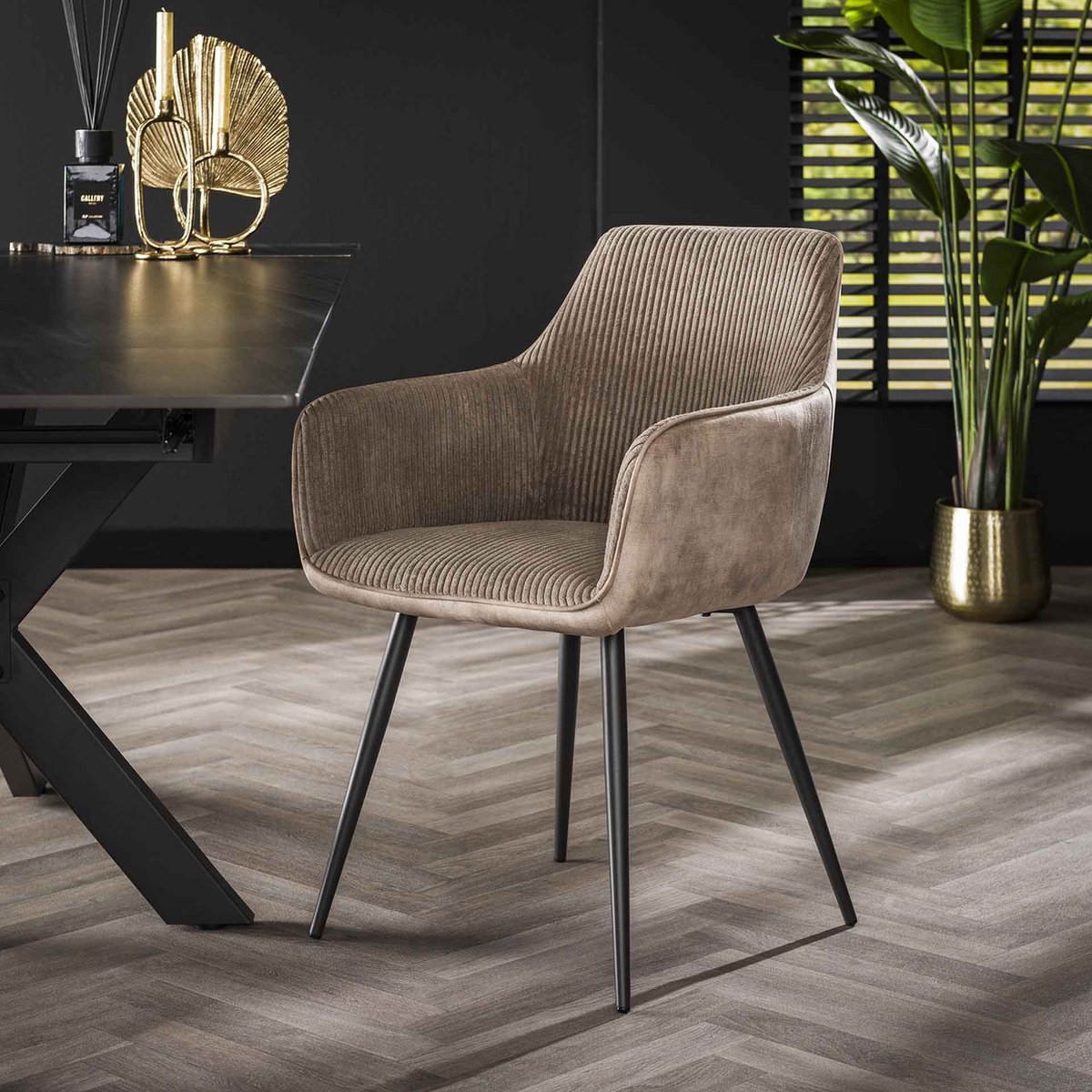Dimehouse Set van 2 Eetkamerstoelen Licia Ribstof - Met Armleuningen Beige