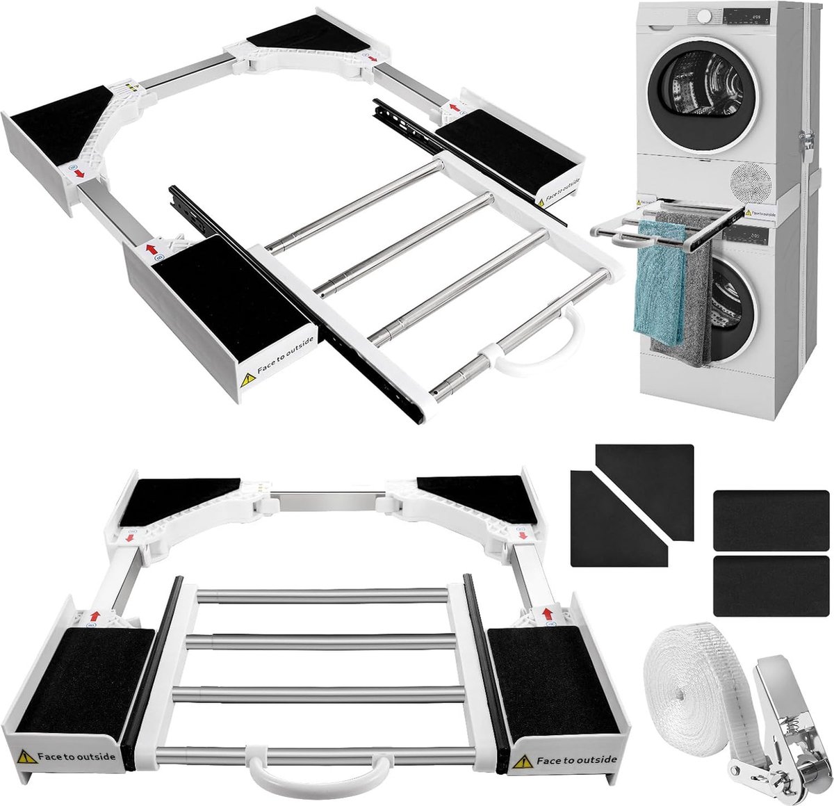 Aansluitframe voor wasmachine droger met waslijn Universeel tussenframe met uitschuifbaar handdoekenrek Verstelbare tussenset voor alle merken (46-72cm) wit