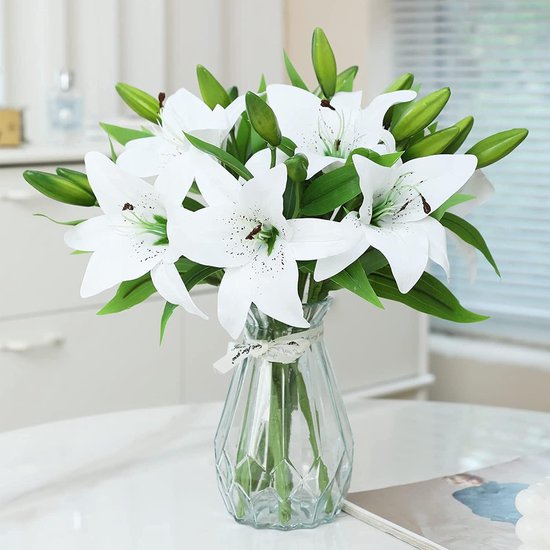 Kunstbloemen, set van 6 witte lelies, realistische bloemstukken, bruiloftsdecoratie, plastic bloemen voor thuis, kantoor, feestdecoratie