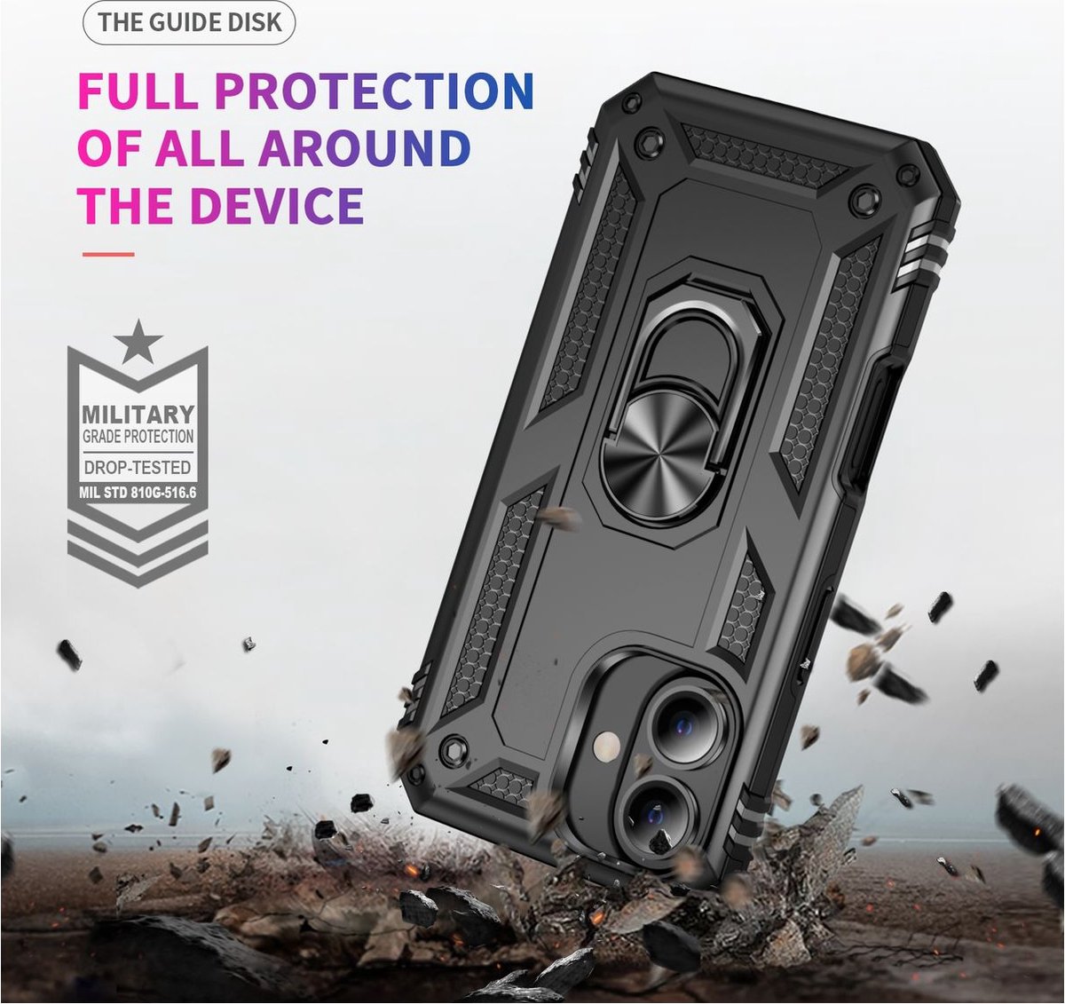 Mobigear Hoesje geschikt voor Apple iPhone 16 Plus Telefoonhoesje Hardcase | Mobigear Armor Ring Backcover Shockproof met Ringhouder | Schokbestendig iPhone 16 Plus Telefoonhoesje | Anti Shock Proof - Zwart