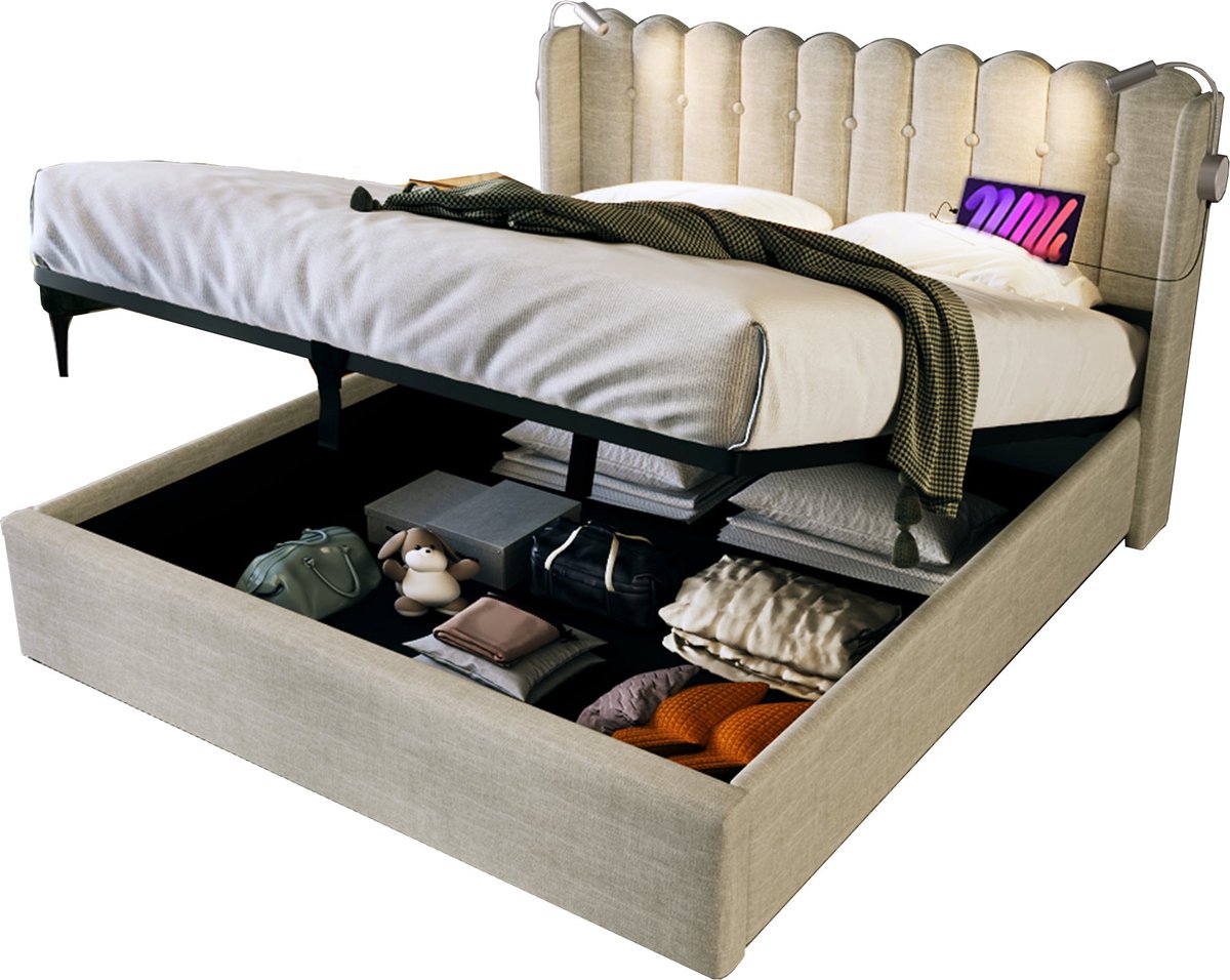 Merax Gestoffeerd Tweepersoonsbed 140x200 cm met Leeslamp en USB Aansluiting - Luxe Bed me