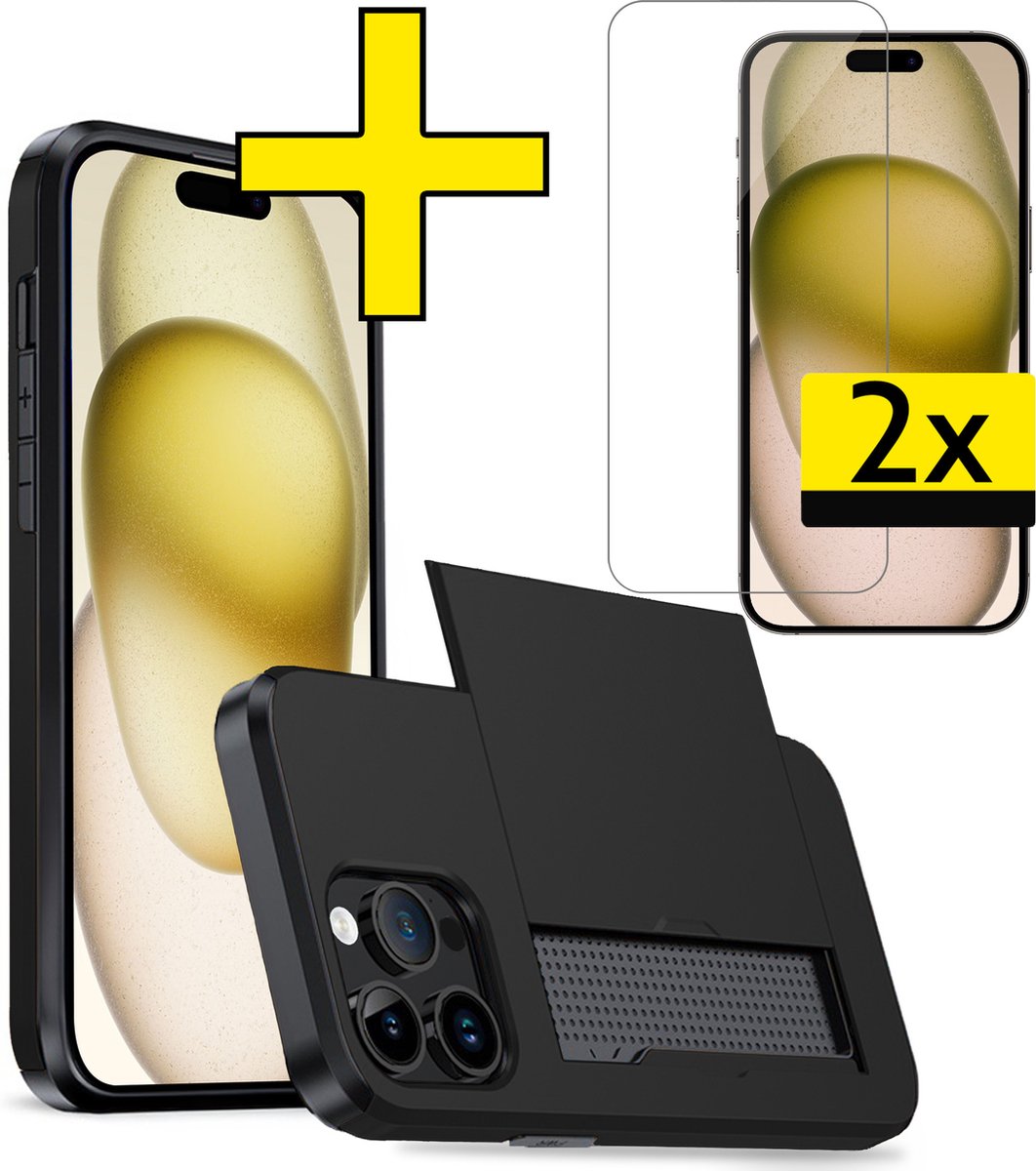 Hoesje Geschikt voor iPhone 15 Pro Max Hoesje Case Pashouder Hard Cover Met 2x Screenprotector - Hoes Geschikt voor iPhone 15 Pro Max Hoesje Met Kaarthouder - Zwart
