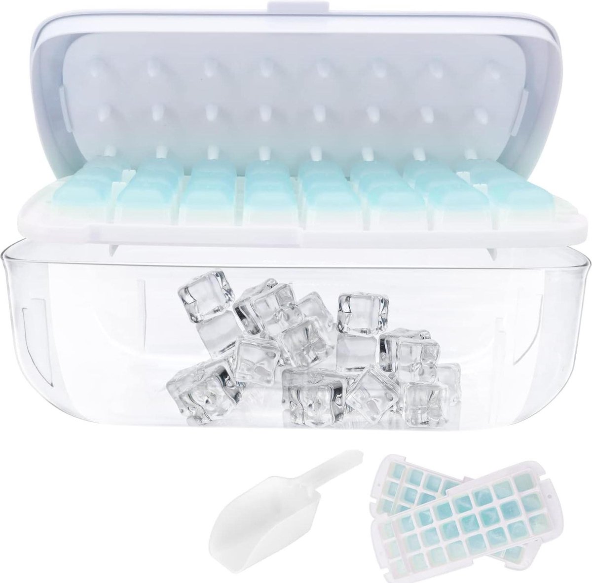 Ijsblokjesvorm Stapelbaar met Deksel en Bak 2 24 Bakjes Siliconen Vorm voor Gemakkelijk Loslaten van Ijs Container ijsschep en Persplaat voor Cocktail Whisky Koffie (Blauw)