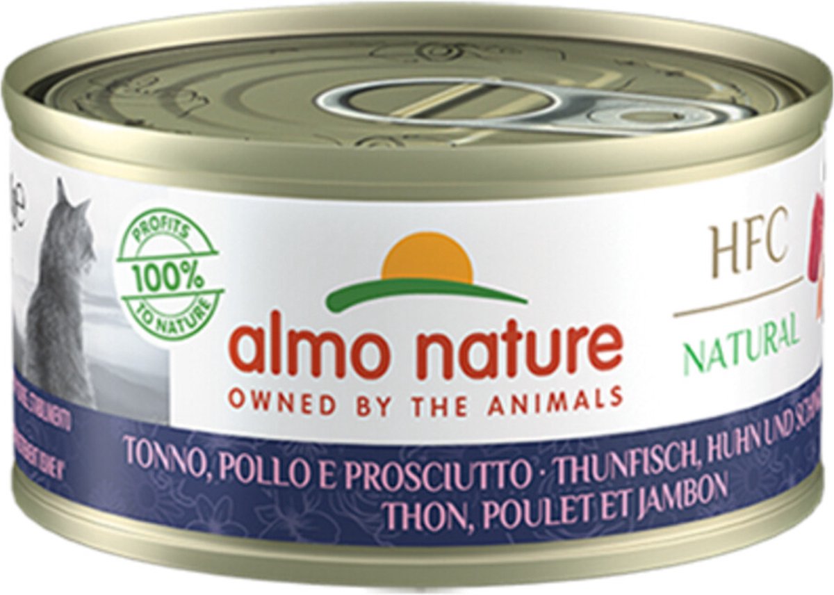 48x Almo Nature HFC Natural Kattenvoer Nat Blikje Tonijn en Kip met Ham 70 gr