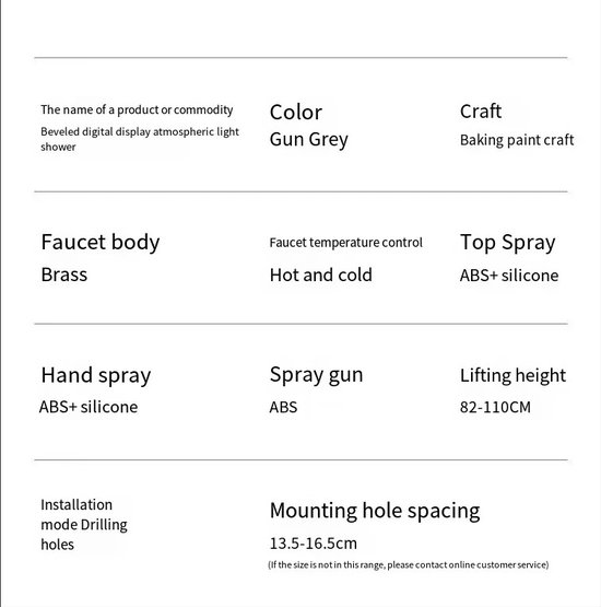 Specificaties van douchesysteem: messing, temperatuurregeling, zwart, digitaal display.