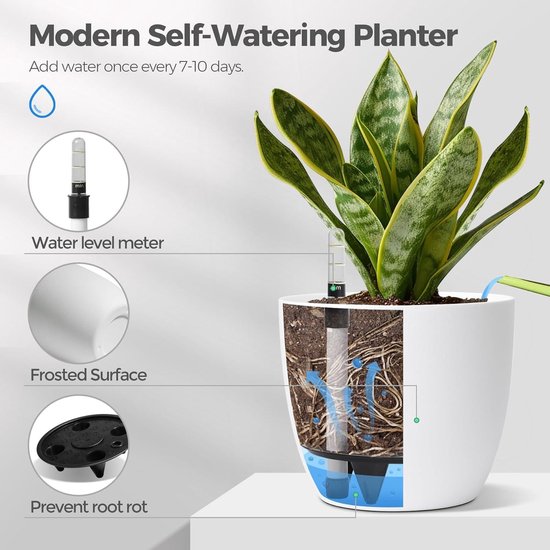 T4U bloempot binnen 22 cm zelfbewaterende bloempot met waterniveau-indicator wit, kunststof bloempot set van 4 met waterreservoir, decoratieve bloempot voor huis en balkon