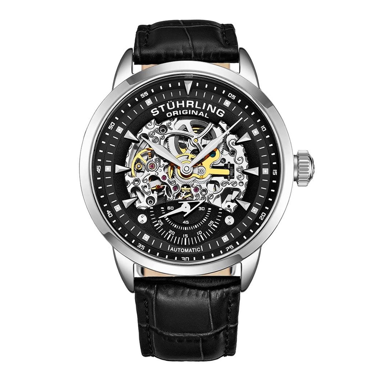 Stührling Executive 3133 Automatisch 44mm Skelet Horloge - Horloge Heren - Horloges voor Mannen - Gegraveerd Scrollwerk - 22-Juweel Uurwerk