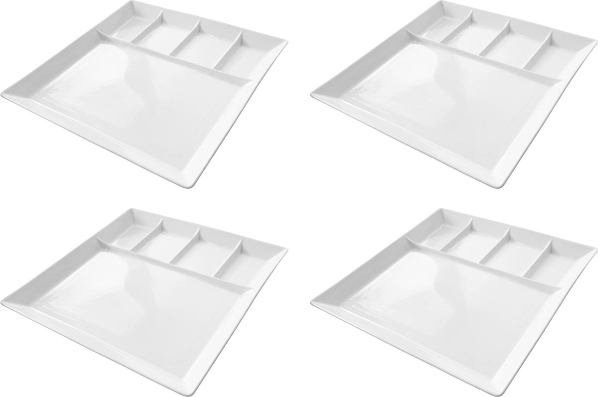 Cookinglife Gourmetbord Wit - Set van 4, 24 x 24 cm - Aardewerk - 5 Vakken Voor Dips