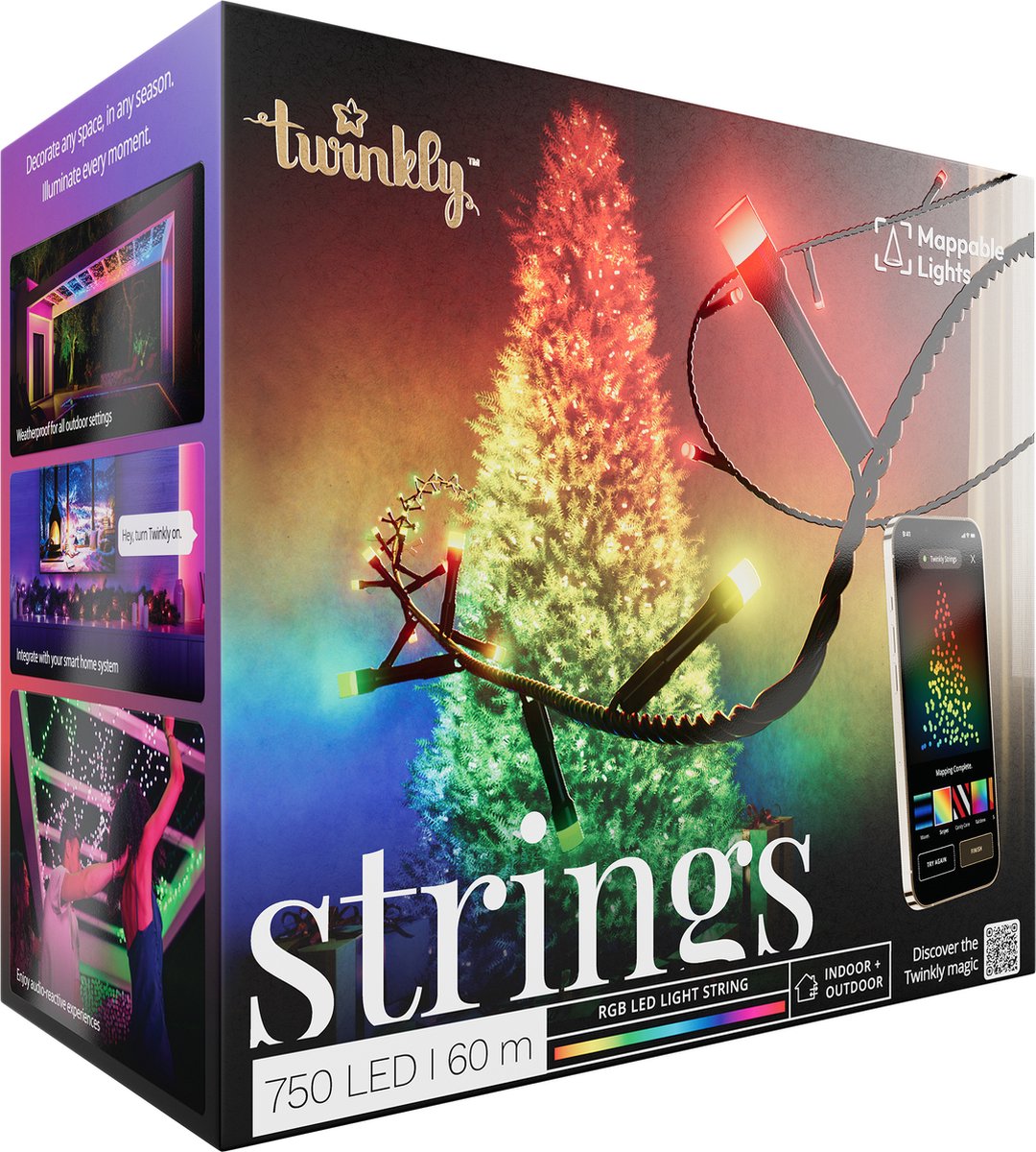 Twinkly Strings Lichtsnoer - 60M - LED - 750LED RGB - Dimbaar - Binnen & Buiten - Bluetooth of Wifi - Werkt met Homekit, Homey, Google Home en Razer Chroma - Zwart – foto 8