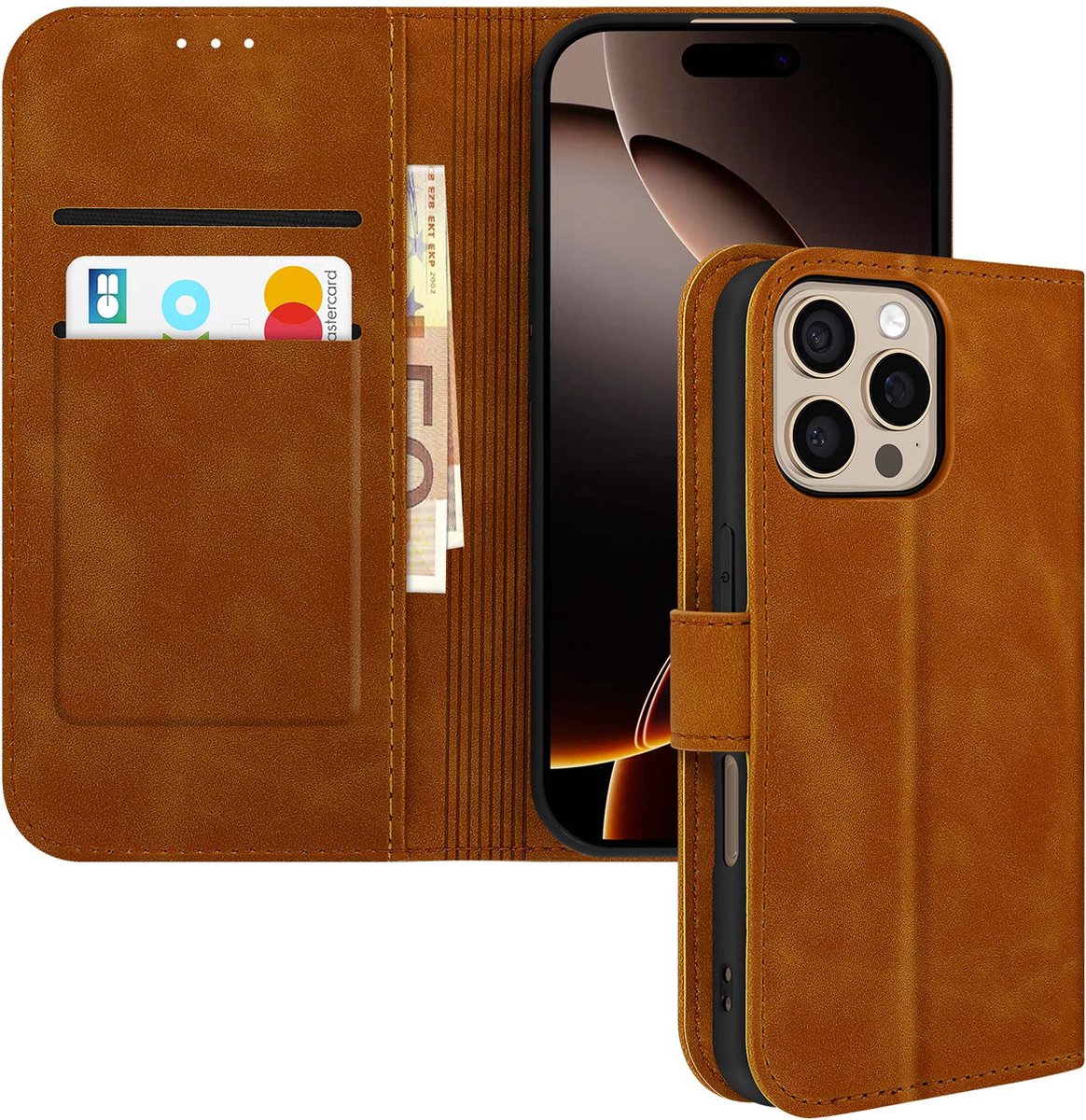 Avizar Case Geschikt voor Apple iPhone 16 Pro Wallet Clap video-ondersteuning, Bruin