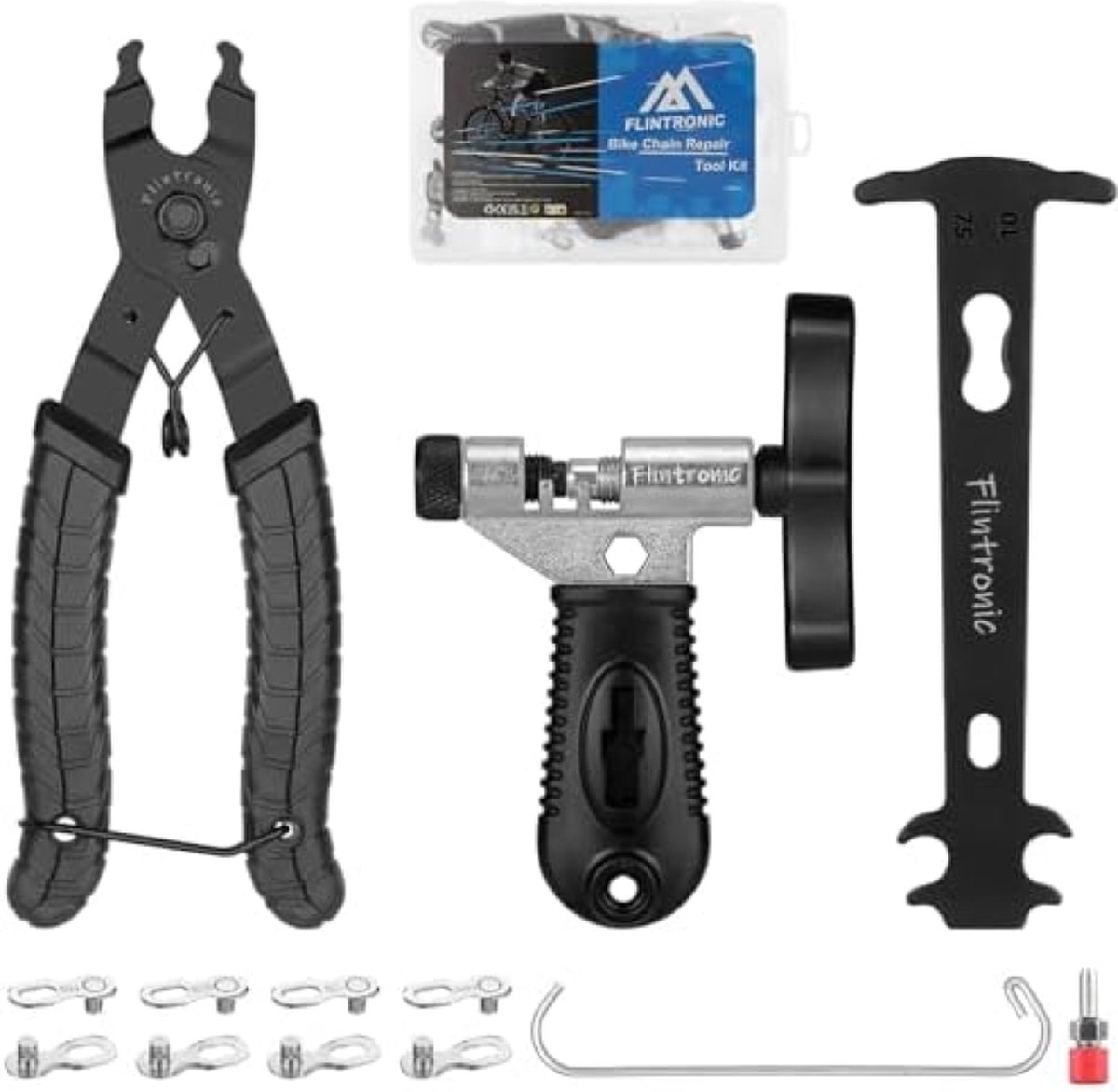 Fietskettinggereedschapset, 4-in-1 fietskettinggereedschapsset, fietskettingsplitter + kettingslijtage-indicator+fietskettingtang + 4 paar ontbrekende schakel voor fietskettingen, geschikt