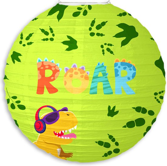 Groene lampion met dinosaurus die 'ROAR' zegt, op een witte achtergrond.