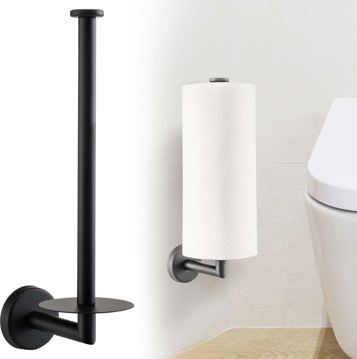 Reserverolhouder Zwart - Hangend - Boren - Wc rolhouder Reserve - Rvs - 2 rollen