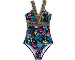 Dames Badpak met Tropische Print - V - Hals - Shaping Zwempak - Kleurrijk
