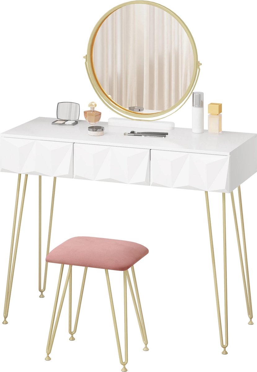 Roxana® Kaptafel - Spiegel En Kruk Inbegrepen - 3 Lades - Make-Up Tafel - Modern - Fluweel - MDF - Wit - Goud - Roze - 100x40x79 Cm