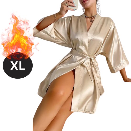 Nivard Satijnen Jurk - Slipdress - Pyama Dames - Badjas - Ochtendjas - Kimono - Erotisch - Kamerjas - Khaki XL