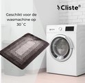 Donkergrijze badmat met gradiëntpatroon, naast een wasmachine. Geschikt voor de wasmachine op 30°C.