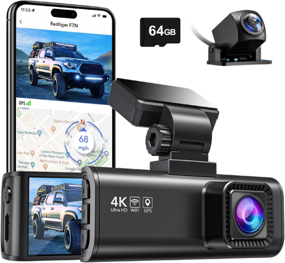REDTIGER® Dashcam Voor Auto - Dashcam Voor Auto Full HD GPS - Dual Dashcam Voor Auto - Dashcam Auto - Dashcam Voor Auto Voor en Achter - Dashcam Auto Voor en Achter - Dashcam Voor Auto Met Wifi - Dashcam Wifi