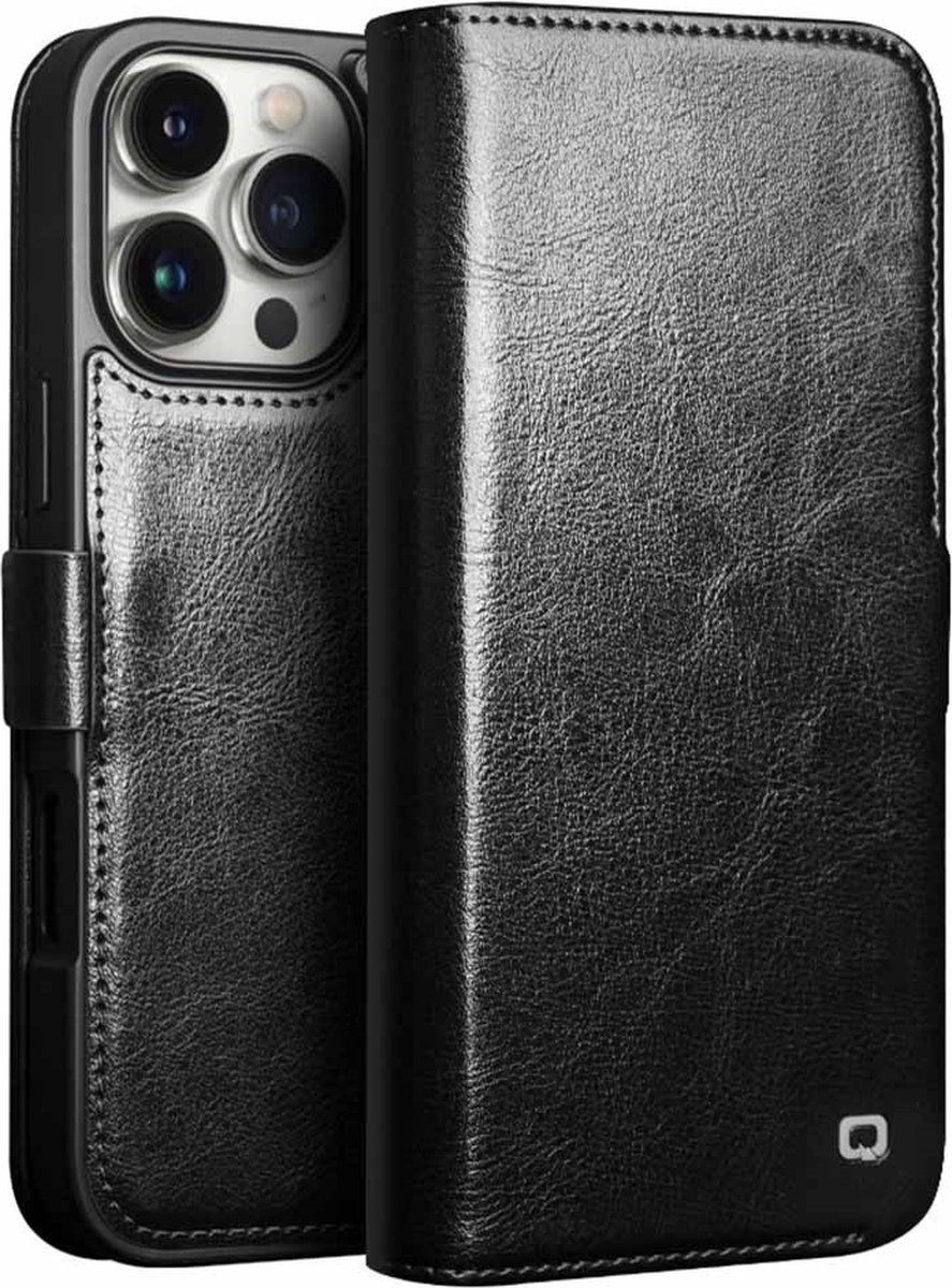 QIALINO Hoesje - Geschikt voor iPhone 16 Pro Max Hoesje - QIALINO Genuine Leather Book Case - Echt Leder - Zwart