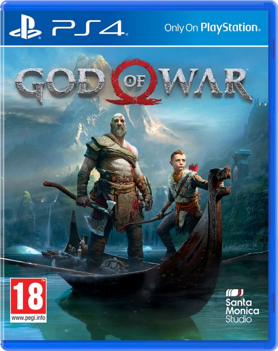 God of War PS4-hoes met Kratos en Atreus in boot, met PEGI 18-rating.
