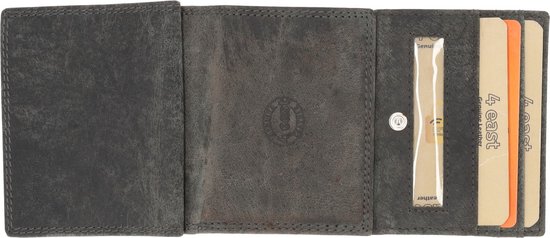 Grijze leren portemonnee open met pasjes, muntvak en geldvak.