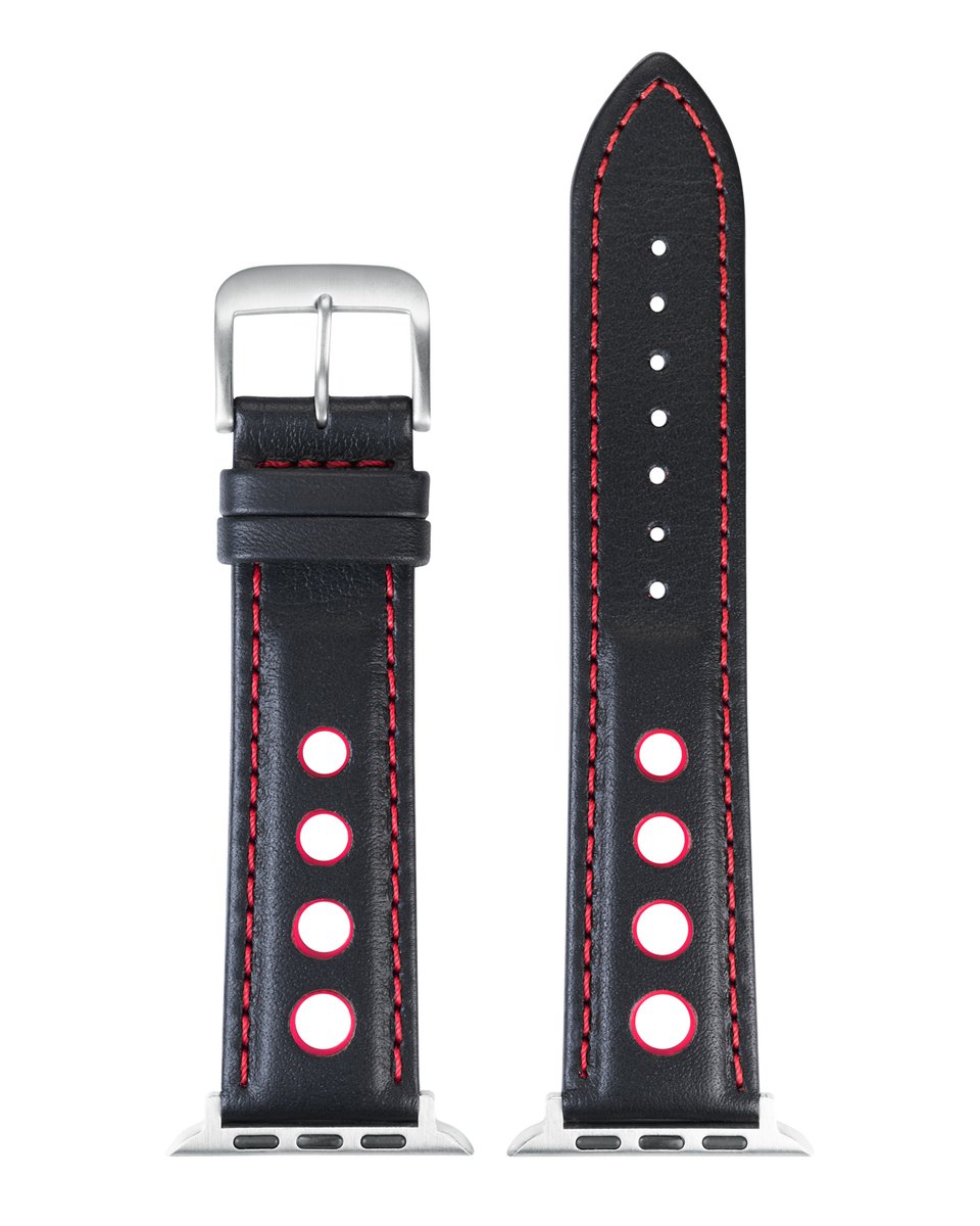 EULIT horlogeband geschikt voor Apple Watch 38/40/41 maat - Serie 1/2/3/4/5/6/7/8/9/10 + SE - racing smart - 20 mm - zwart rood - edelmetaal gesp zwart - incl. adapter