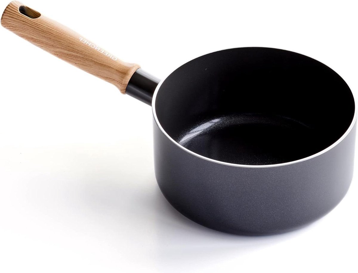 Gezonde Keramische Melkpan 18cm/21 Liter - Vintage Houten Handvat - PFAS-vrij - Inductie Geschikt - Vaatwasmachinebestendig - Grijs