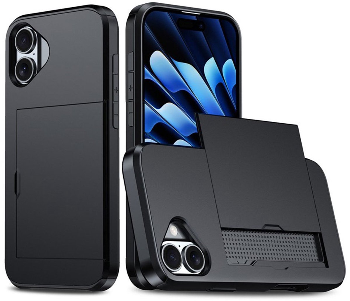 Hybrid Card Case Hoesje geschikt voor iPhone 16 - zwart- Pashouder - Kaarthouder - Pasjes - Kaarten - Duurzaam - Slank