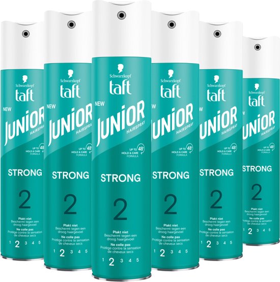 Zes spuitbussen Taft Junior haarlak "STRONG", hold level 2, naast elkaar.