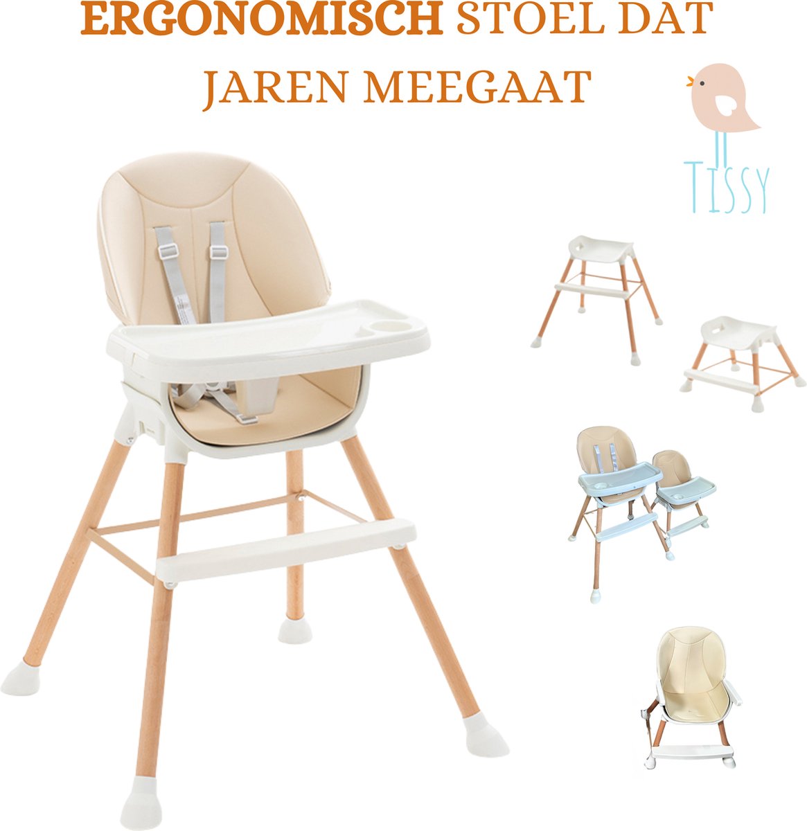 Tissy - Kinder eetstoel - Meegroei stoel - Innovatieve stoel - Kinderkruk - Eetstoel - Stoel - Clikk kinderstoel - Moderne Design Kinderstoel - Krukje - Beige kleur
