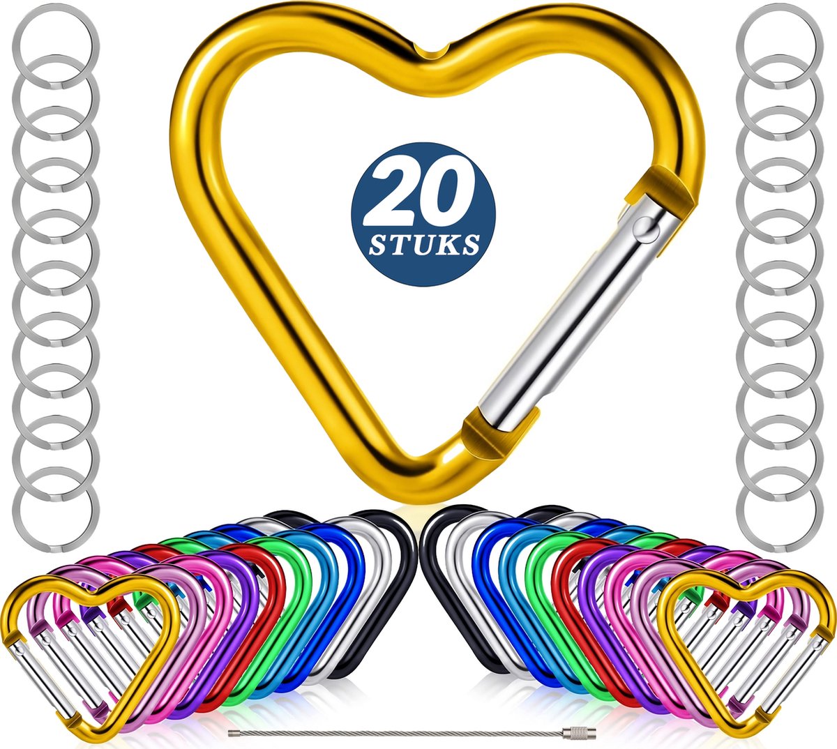 20 Stuks Hart-vorm Karabijnhaken met 20 Sleutelringen - Musketonhaak - Carabijn Sleutelhangers - Musketon Hartjes Carabiner - Grote Karabijn haak - Karabijnsluitingen en ringetjes - Aluminium - Multikleur - 45mm Carabijnhaak