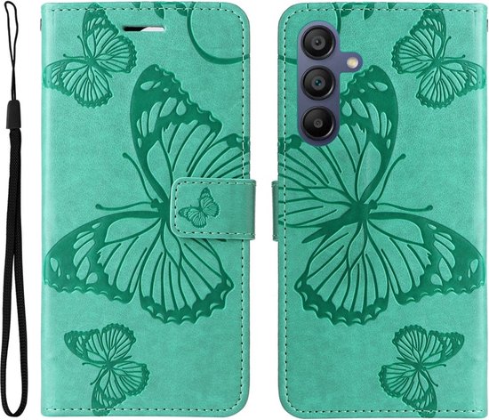 Samsung Galaxy A17 A26 A16 hoesje vlinders book case mintgroen met pasjesvak, polskoord en standfunctie TPU kunstleer