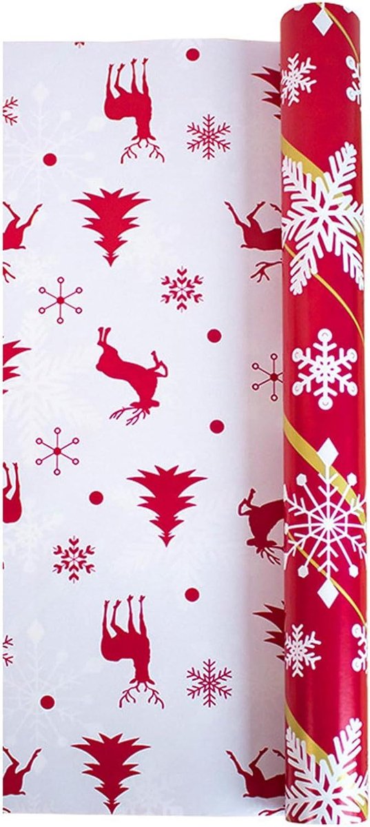 Inpakpapier 43cm x 15m Roll Dubbelzijdig Kerst Kraft Patroon Recyclebaar Xmas Gift Wrap Rood 2