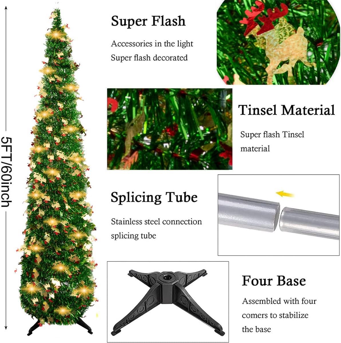 Kunstkerstboom, 150 cm, opvouwbare pop-up lametta kerstboom, voorverlichte kerstdecoratie voor binnen, woondecoratie, donkergroen – foto 2