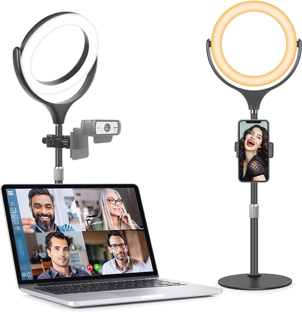Ringlamp met statief voor videoconferentie - 8 inch, 3 lichtkleuren, 10 helderheidsniveaus, 360 graden draaibaar